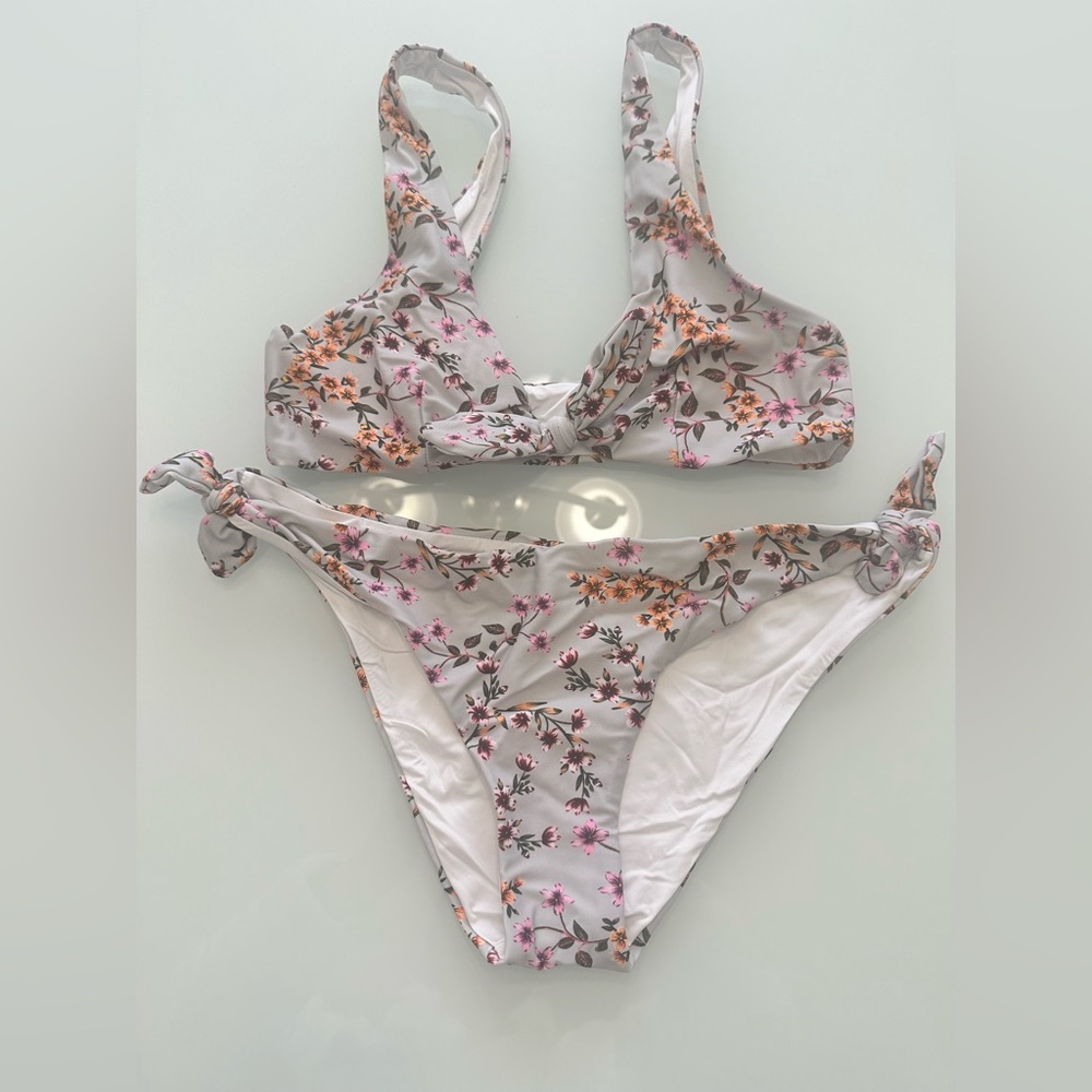Two piece bikini full coverage bottom ties on sides